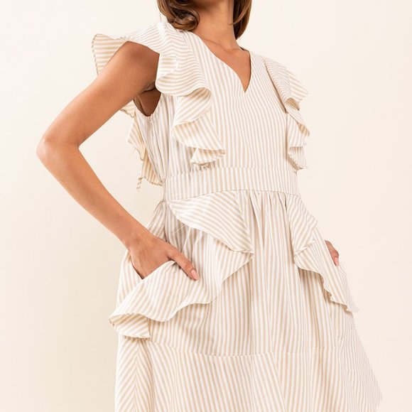 Striped V-Neck Ruffle Detailed Mini Dress - Picture 3 of 5